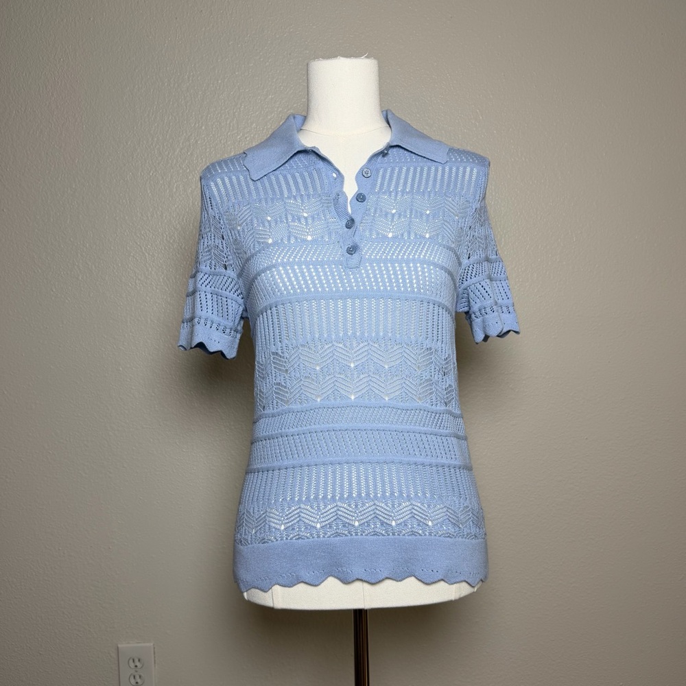 27 Miles Malibu Periwinkle Knit Top | Open Knit Collared Short Sleeve | S